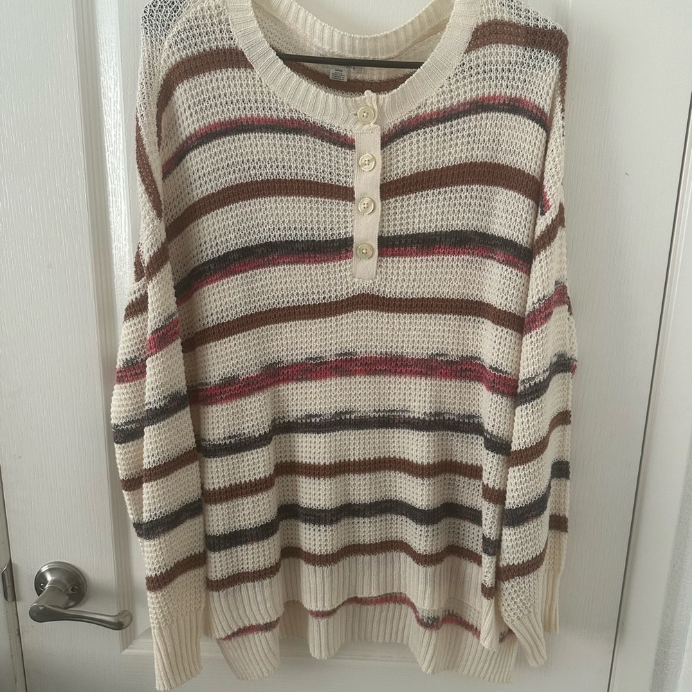 American Eagle Outfitters Striped Crew Neck Sweater - Cream, Brown, Pink
